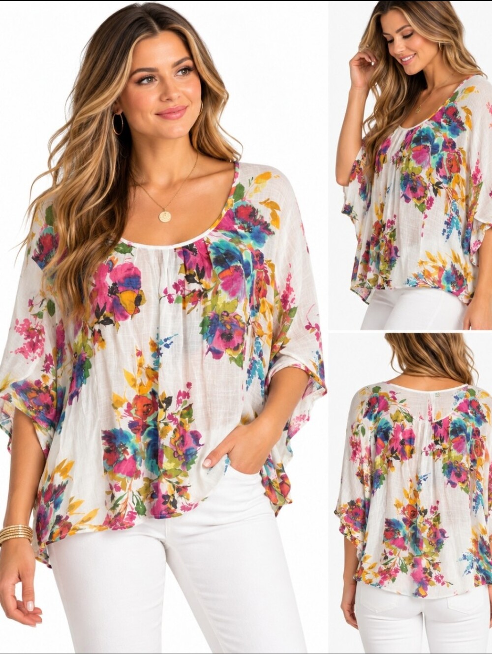 Spense Woman White Floral Print Poncho Style Blouse Sz 1X